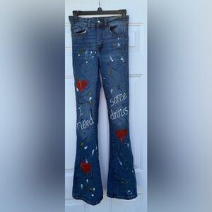 Artistic Blue Straight Leg Jeans with Heart Design